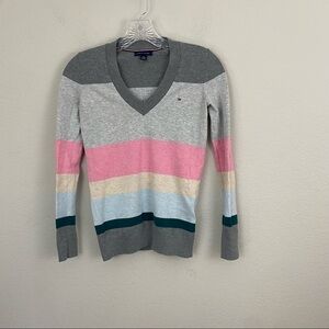 Tommy Hilfiger Preppy V Neck Multi Color Stripe Pullover Sweater XXS